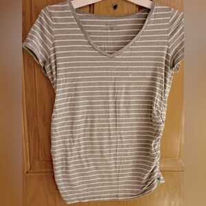 Motherhood Maternity gray with white stripes t shirt. Stretchy sides for belly.